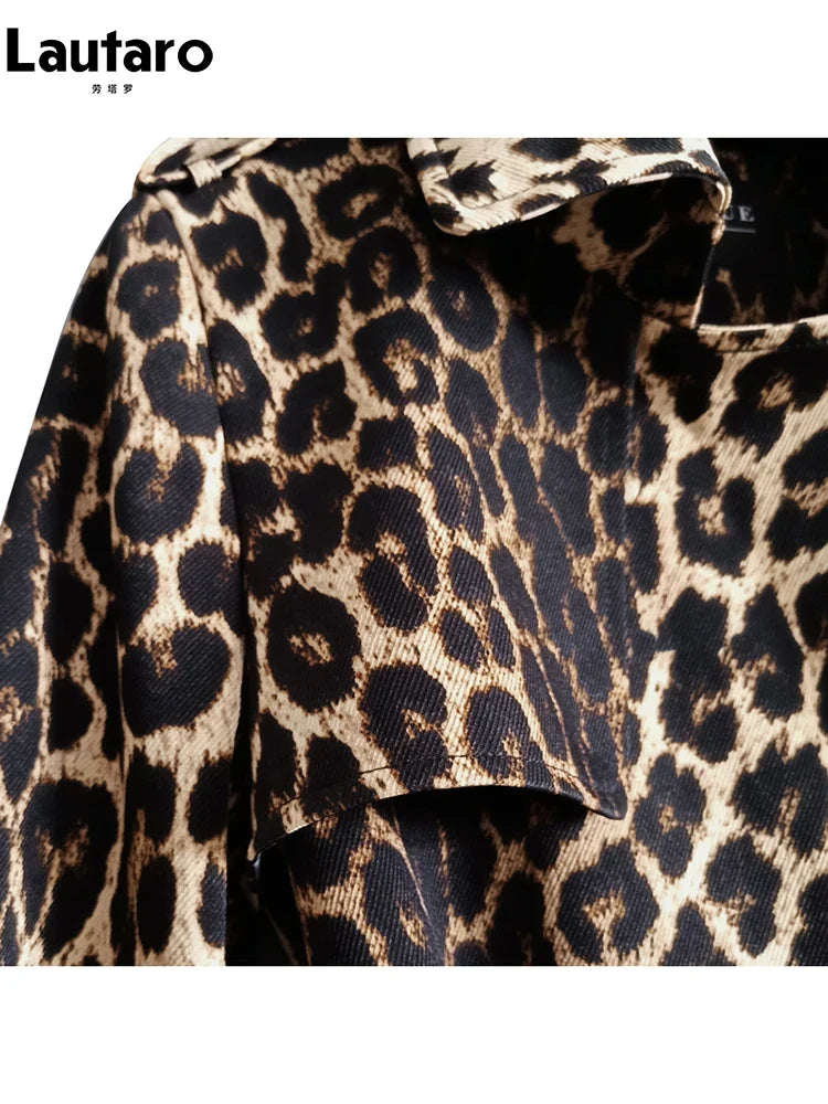 Spring Autumn Long Stylish Leopard Print Trench Coat for Women Belt Double Breasted Casual Luxury Designer Clothes 2023