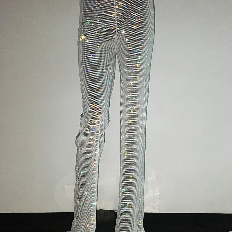 Fashion Sexy Glitter Crystal Diamonds Fishnet Women Pant See Through High Waist Pant Female Loose Hot Girl Party Clubwear White One Size