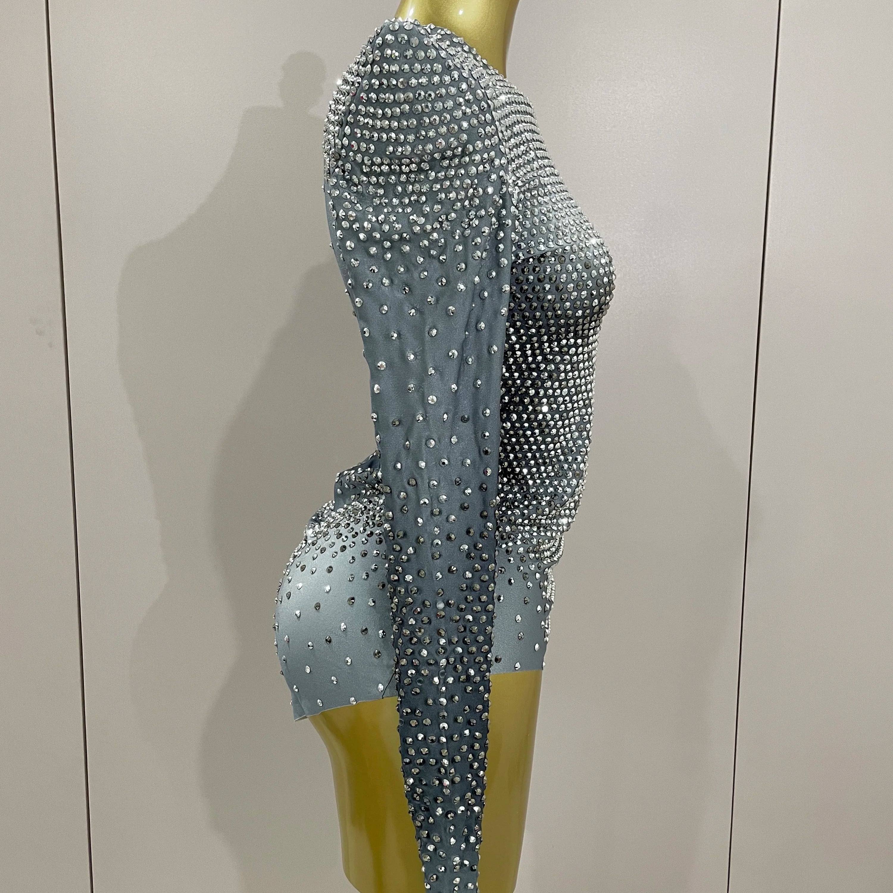 Sparkle Silver Rhinestones Long Sleeve Stretch Bodysuits 2025 New Women Evening Luxury Birthday Party Sexy Nightclub Stage Costu