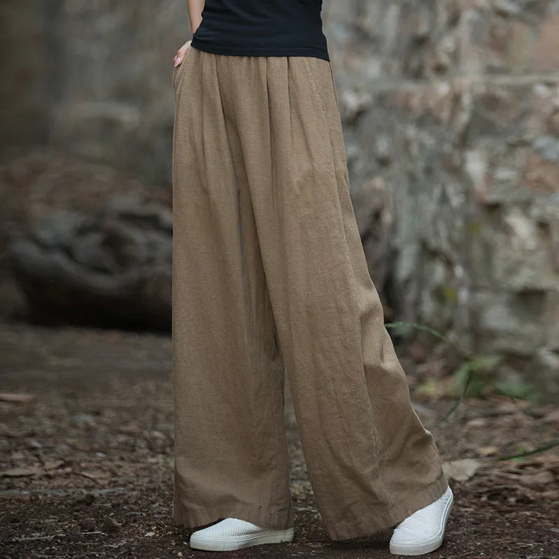 Vintage Casual Cotton Linen Female Pants Spring Summer Korean Style Elastic Waist Solid Women Long Straight Wide Leg Pants Khaki One Size
