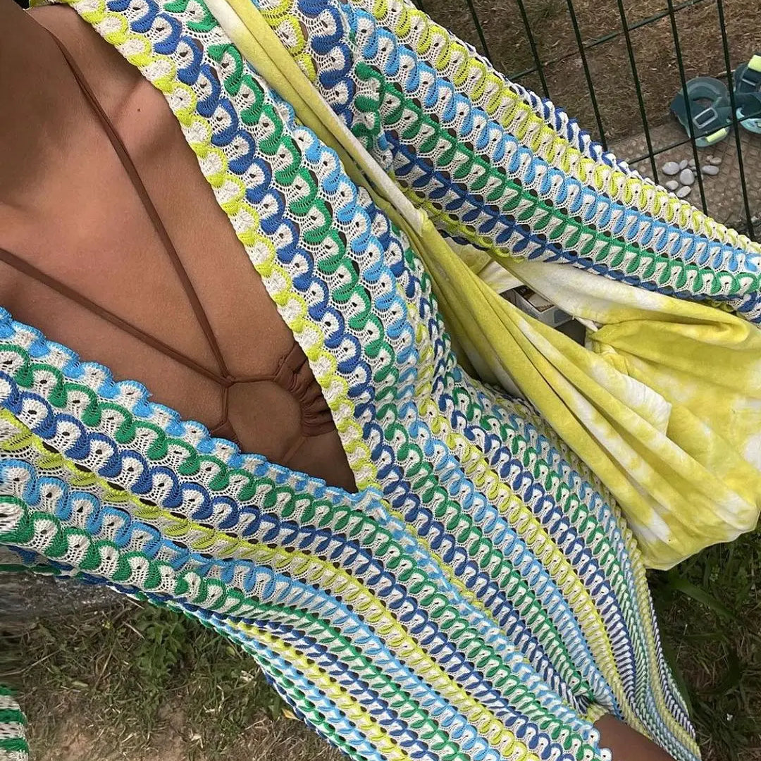 Crochet Colorful Stripe Maxi Dress Women Flare Sleeve V-neck High Split Sexy Long Dresses New Autumn Beach Banquet Vestidos