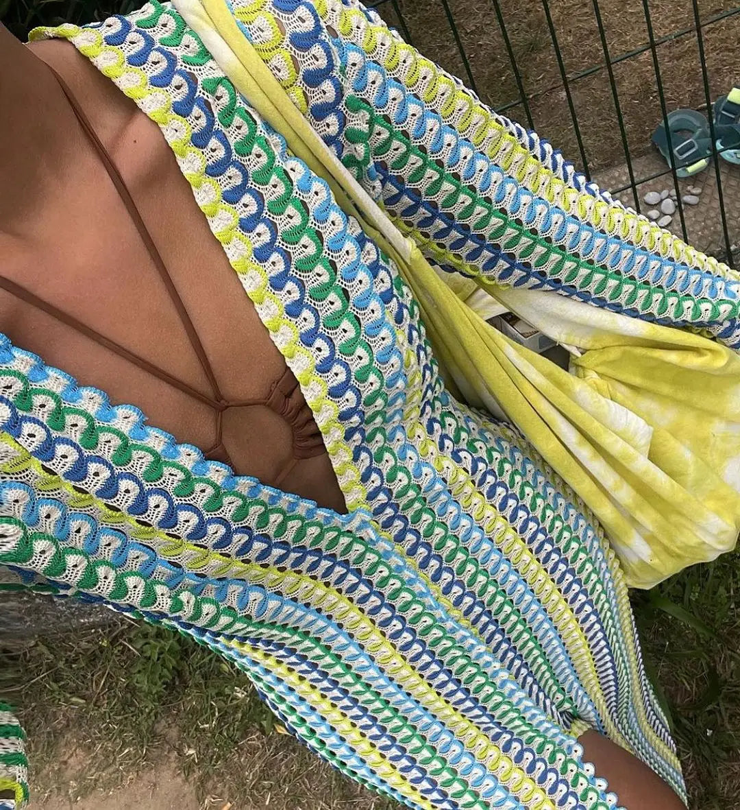 Crochet Colorful Stripe Maxi Dress Women Flare Sleeve V-neck High Split Sexy Long Dresses New Autumn Beach Banquet Vestidos