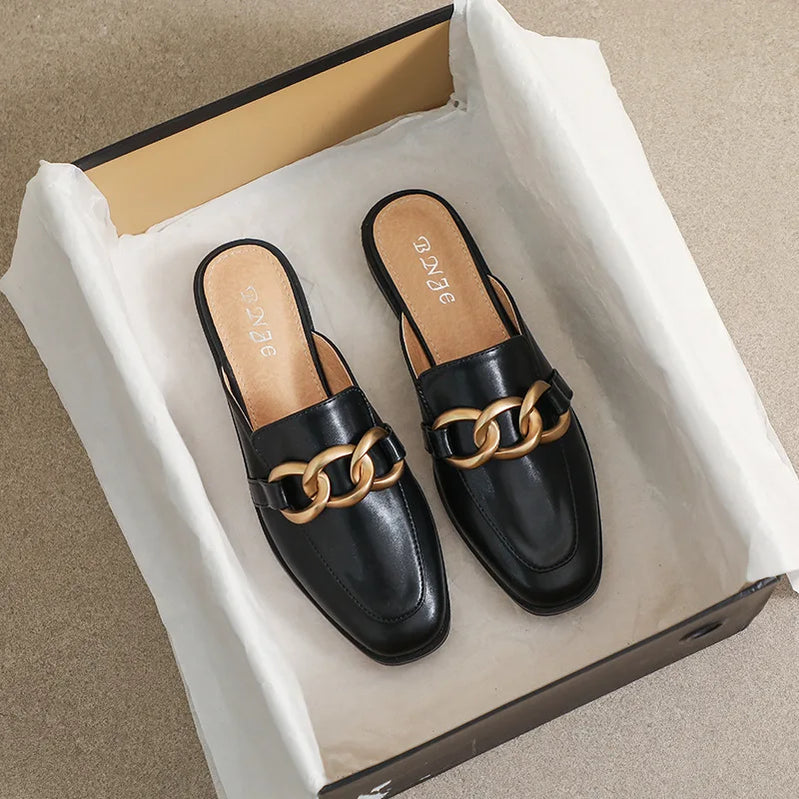 Woman mules fashion design Flat Square Toe Chain Backless Shoes Summer outdoor and indoor office wear White black free delivery