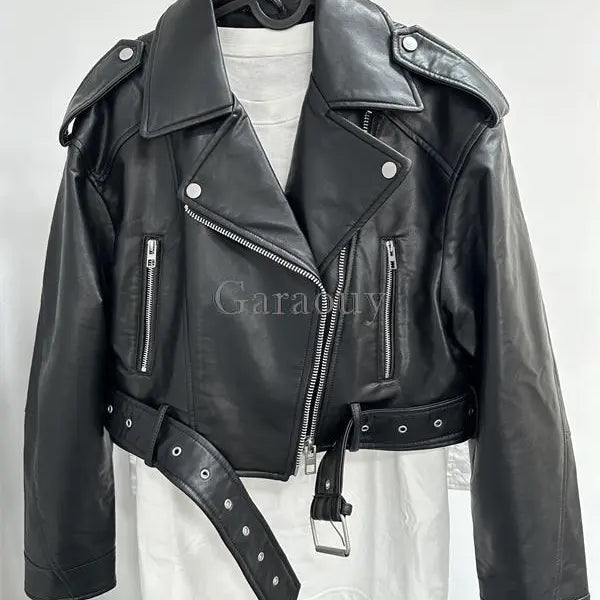 Spring Woman Faux Leather Jacket Chic Vintage Short Lapel Zipper Belt Biker Coats Fashion Streetwear Mujer Tops Black