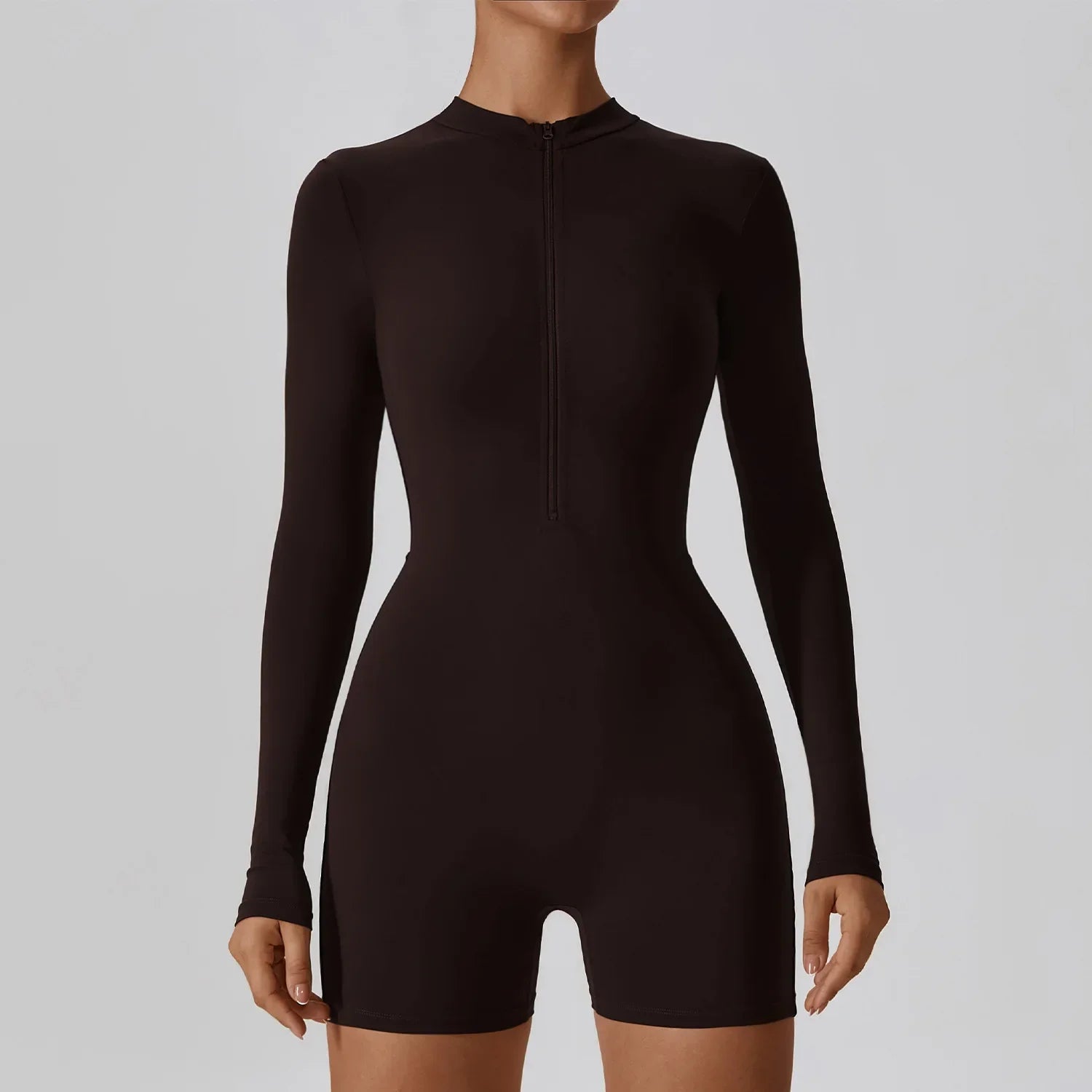 Yoga Jumpsuit Women Seamless Sports Zipper Jumpsuit Set Gym Long Sleeve Fitness Suit Elastic Gym Workout Bodysuit Athletic Wear Deep brown