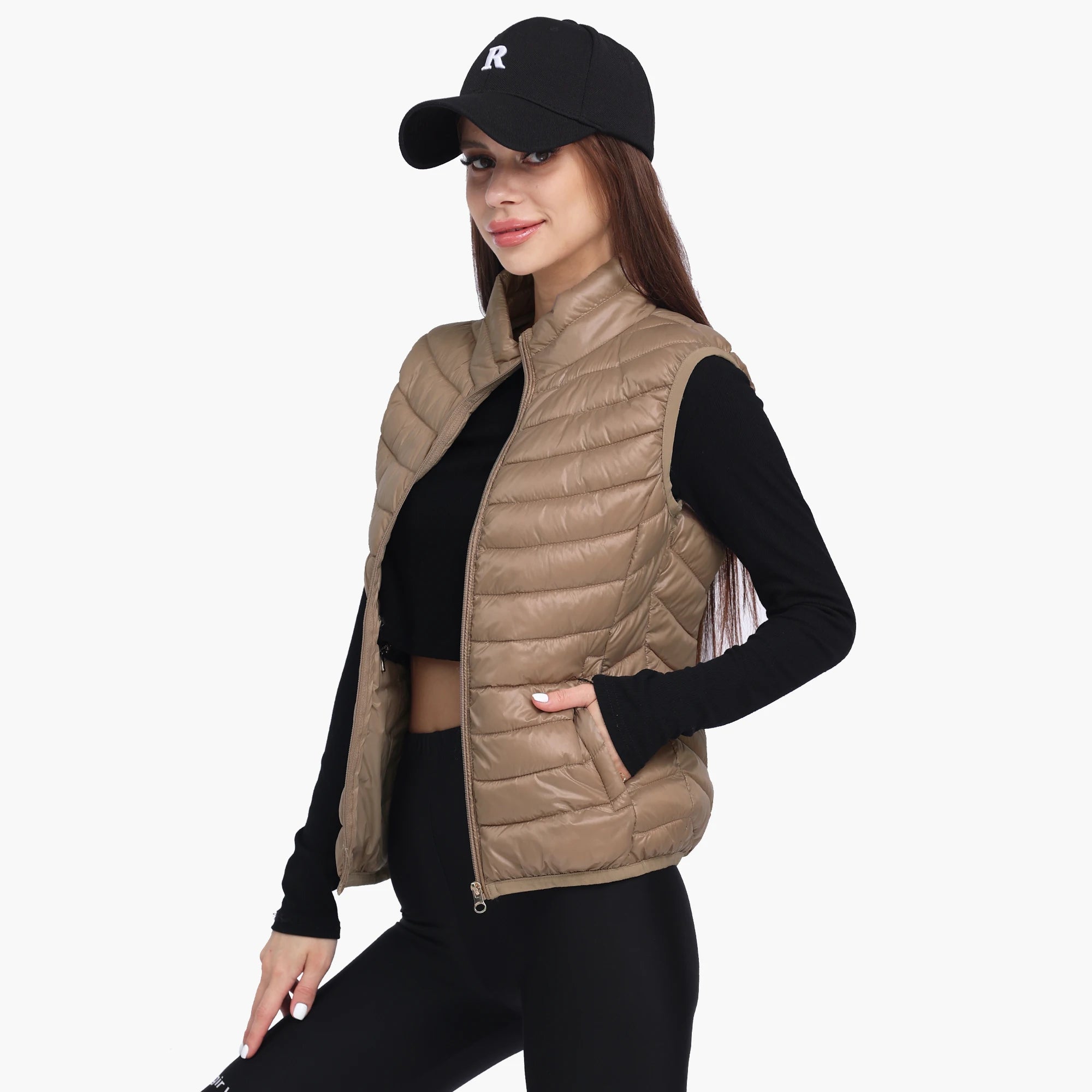 Women Winter Lightweight Warm Water-Resistant Packable Puffer Vest With Pockets Sleeveless Stand Collar Coats Outerwear
