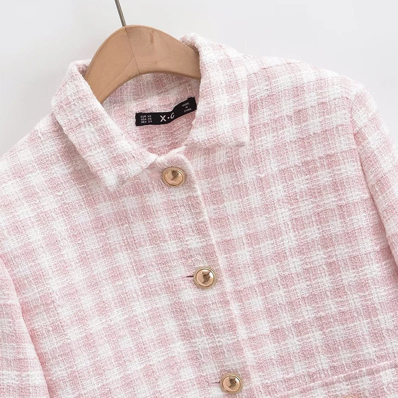 Women's Jacket Autumn Vintage Tweed Blazers Coats Fashion Single-breast Pink Plaid Suit Female New in Outerwears Clothing Top