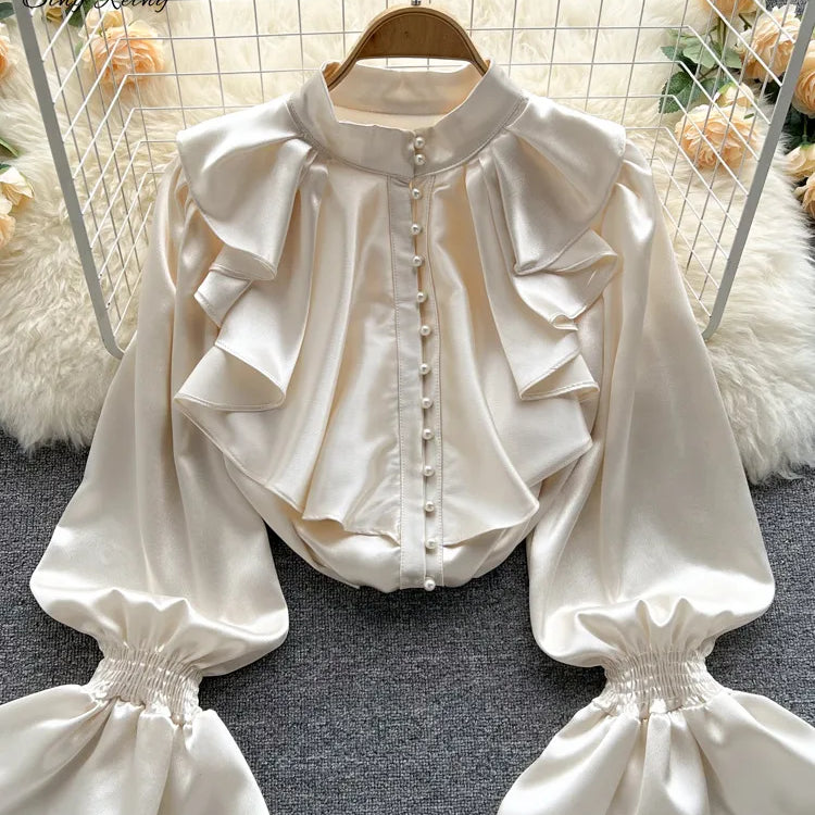 Satin Loose Shirt Long Flared Sleeves Ruffles O Neck Beading Women Gentle Office Lady Casual Blouse