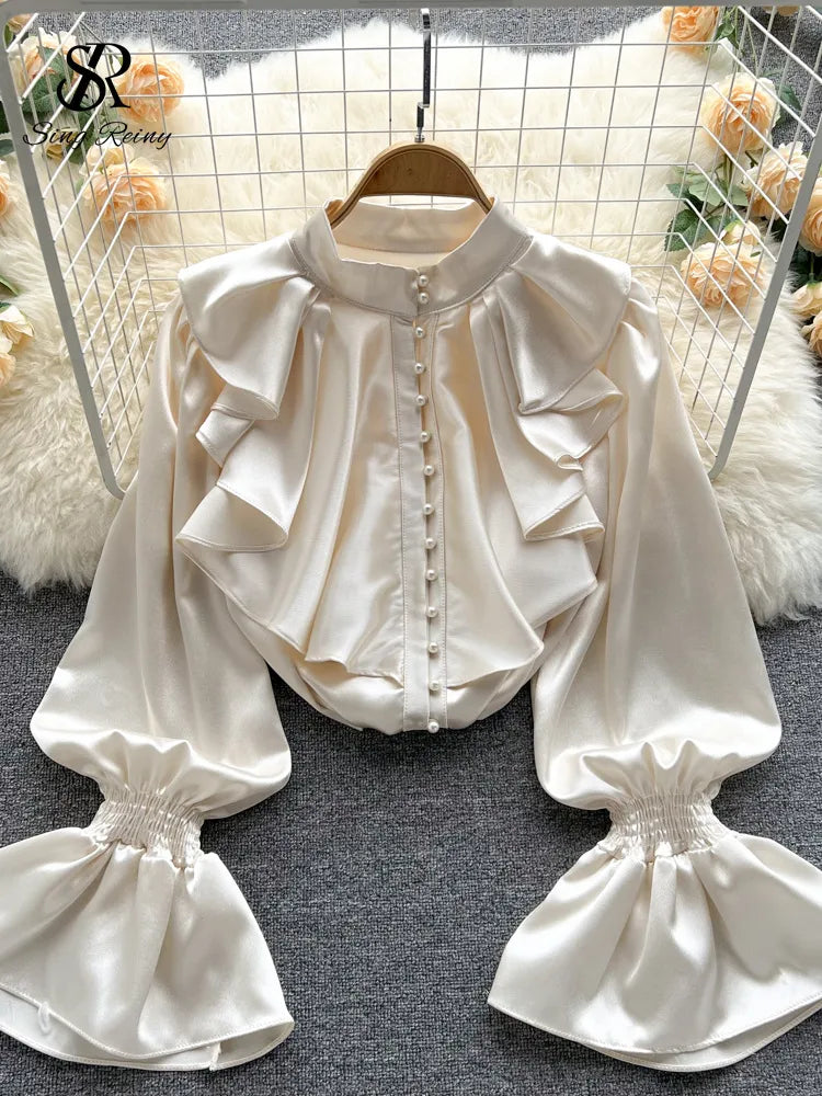 Satin Loose Shirt Long Flared Sleeves Ruffles O Neck Beading Women Gentle Office Lady Casual Blouse