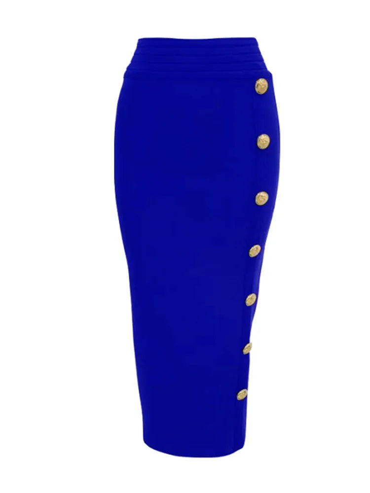 Arrival Women Button Black Blue Red Bodycon Bandage Skirt Designer High Waist High Street Party Club Pencil Skirt 75cm