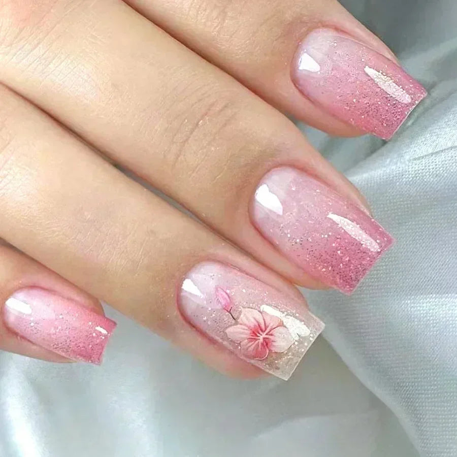 24 peças unhas postiças quadradas curtas médias brilhantes arte de unha branca usável unha postiça prateada francesa cobertura total pressione pontas de unhas
