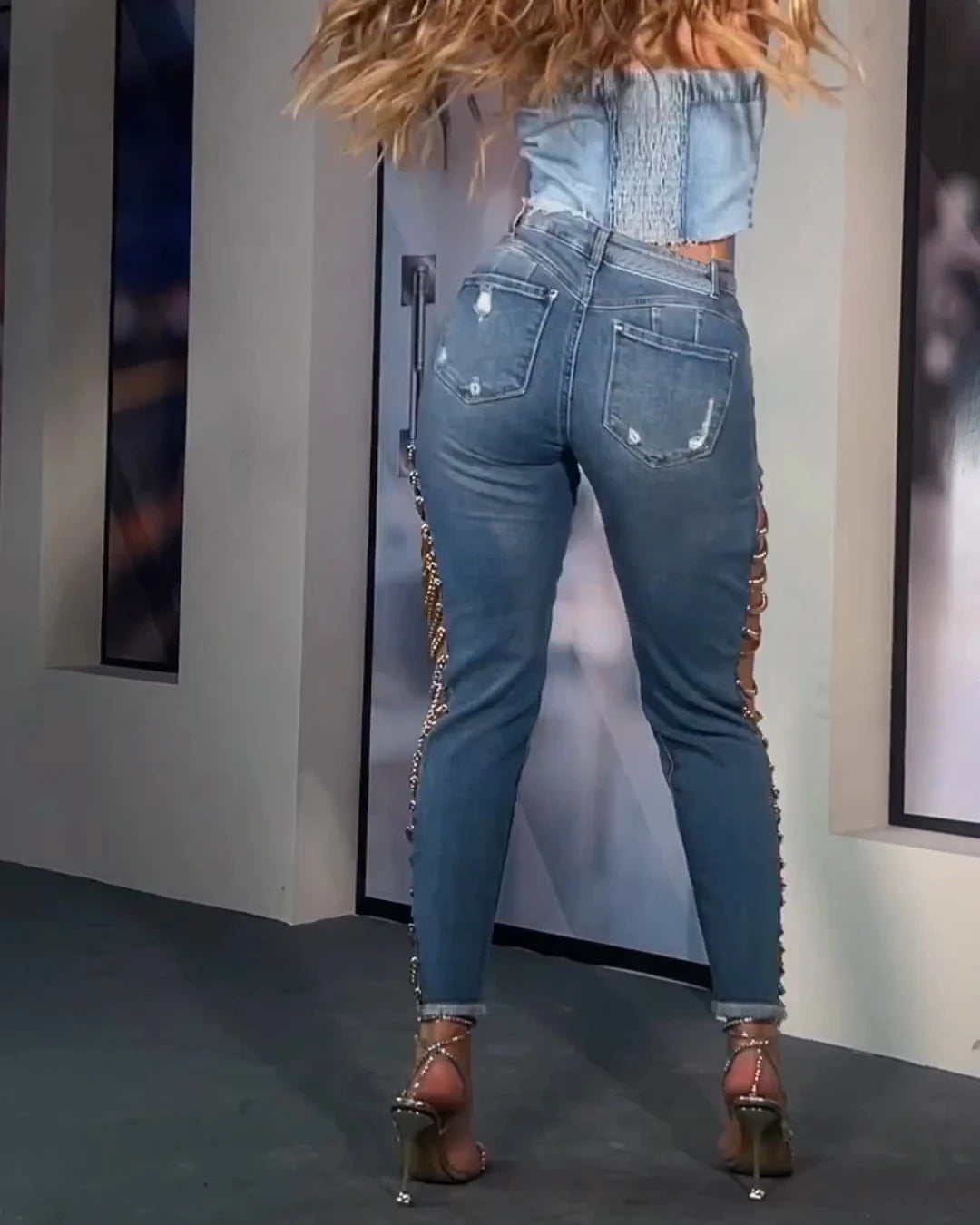 Sexy Skinny Slim Fit High Waist Jeans for Women Trendy Demin Pants Party Peach Button