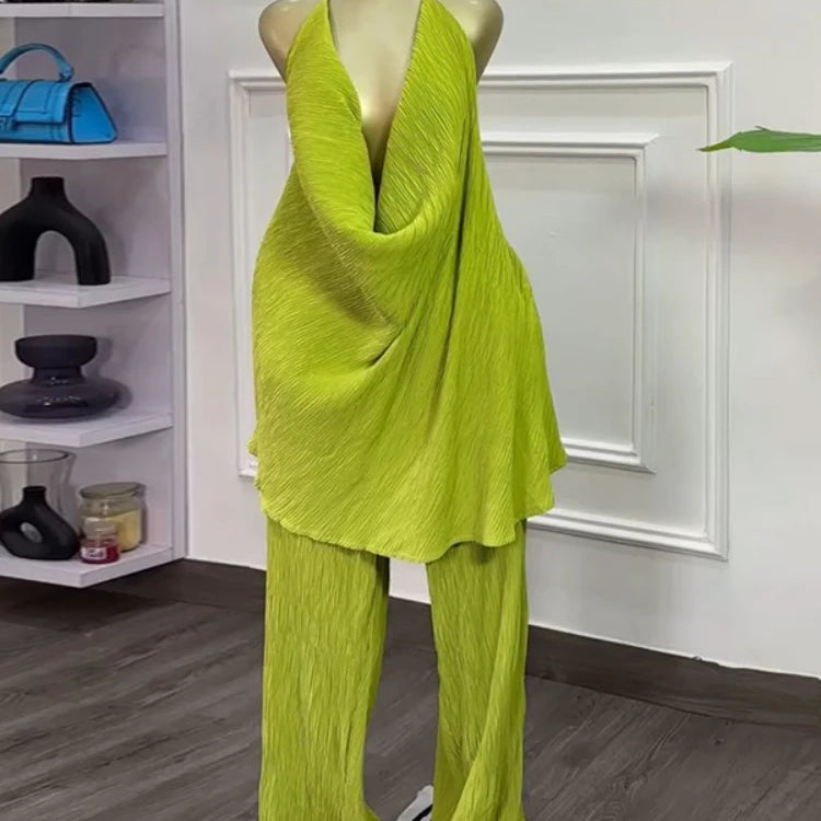 CM.YAYA Fashion Women's Set Deep V-neck Halter Top and Wide Leg Pants Suits 2025 Street Party Two 2 Piece Sets Outfits Tracksuit