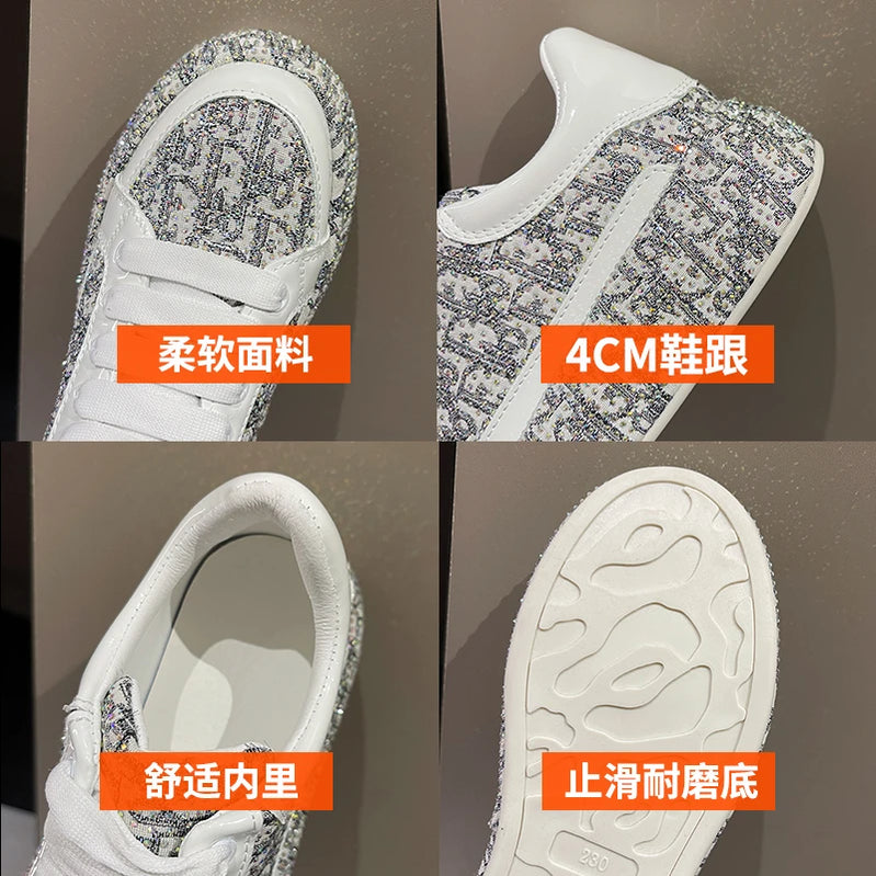 Fashion Sneakers Casual Flat Shoes Luxury Rhinestone Decorated Leather Upper Heightening Platform Womens Shoes