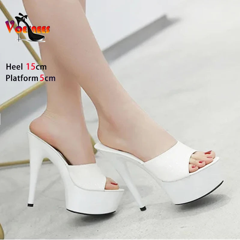 Patent Leather Women Shoes Thin Heels Sexy Waterproof Platform High Heels Sandals Female Summer Slip On Slippers Size 43