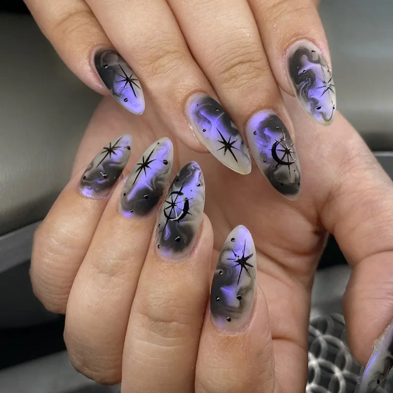 24pcs Black Cat's Eye Press on Nails Finished Ins Wearable False Nail Sets Love Design Stick on Nails Stilettos Fake Nail Tips