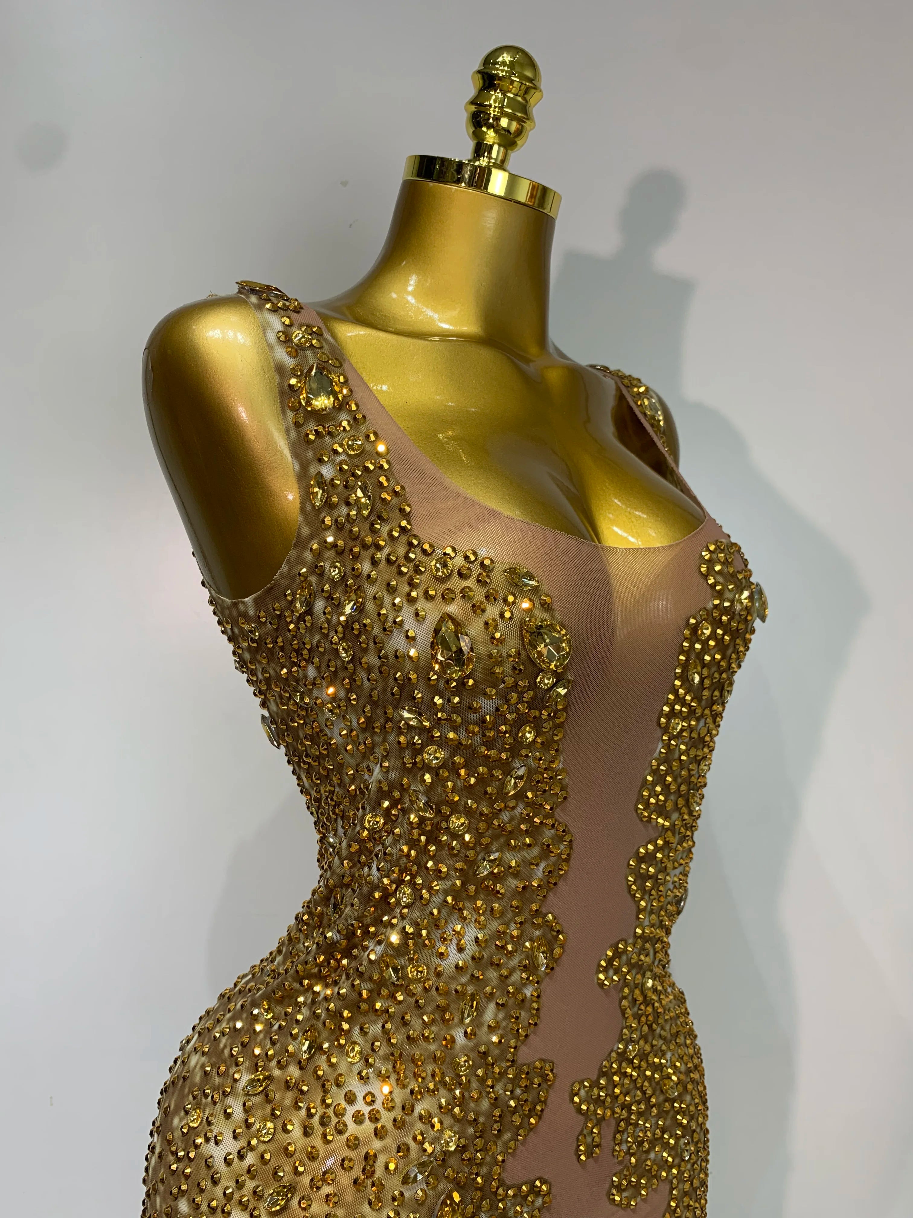 Women Sexy Stage Perform Outfit Club Gown Shining Gold Rhinestones Elegant Mesh Dress Birthday Evening Party Photoshoot Costume