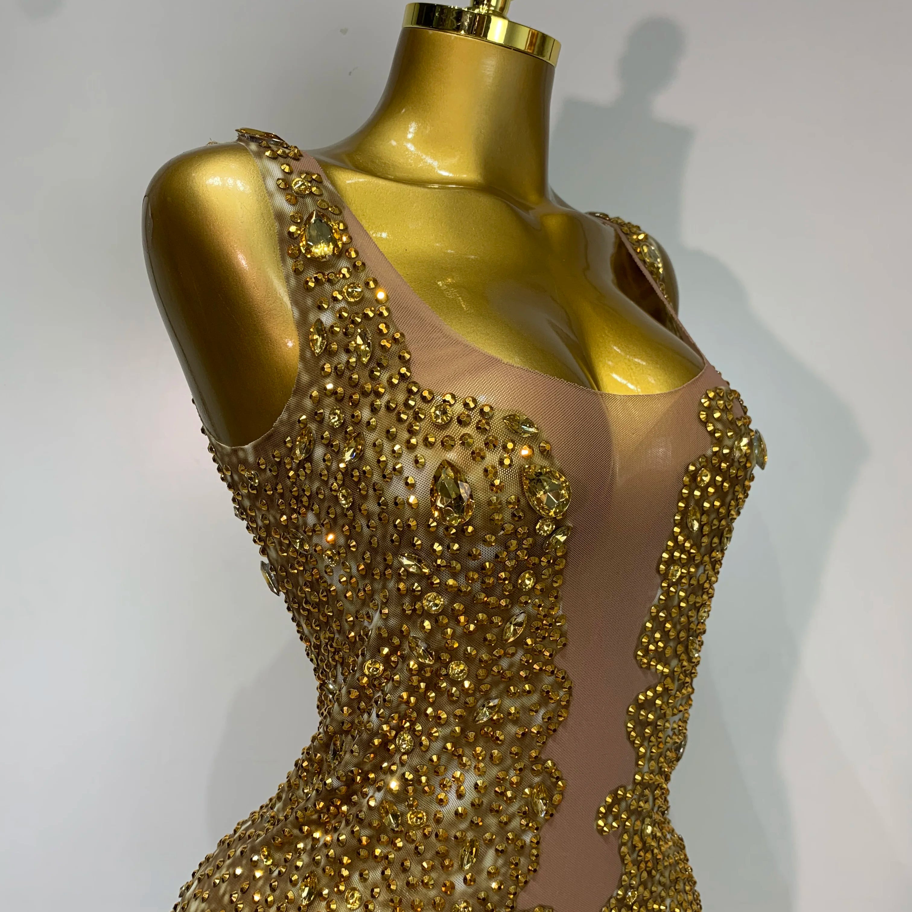 Women Sexy Stage Perform Outfit Club Gown Shining Gold Rhinestones Elegant Mesh Dress Birthday Evening Party Photoshoot Costume