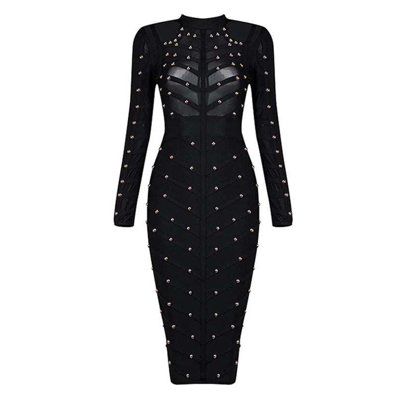 Vestido midi preto feminino de manga comprida, sexy, de malha com rebites, justo e bandagem, para festa à noite, comemoração