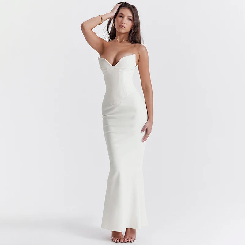 Corsets Tube Sleeveless Midi Dress Prom New In Backless Bodycon Sexy Elegant Cheap Street Evening Formal Dresses WHITE