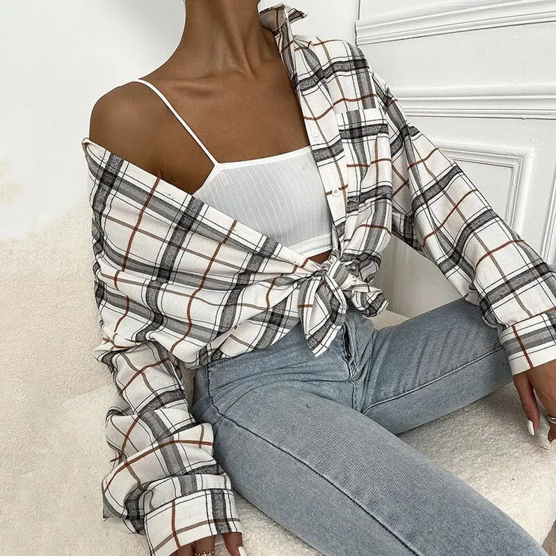 Women's Button Down Shirts Fashion Classic Plaid Print Blouse Long Sleeve With Pockets Business Casual Tops Woman Work Blouses Beige