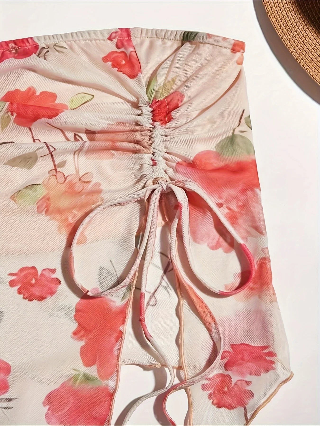 Spring Summer Women's 2 Pieces Mesh Sheer Floral Top-Skirt Set Vacation Wear Breasted Suits Casual Beachwear