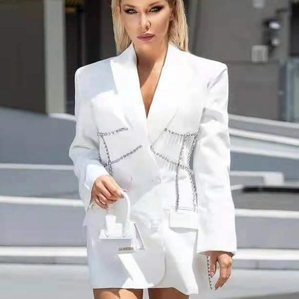 Fashion Trend Jacket Diamond Pattern Lapel Double-breasted Waist Mid-length Blazer Women coat