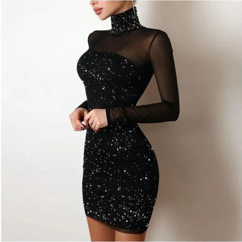 Women Mini Dress Sexy Lace Long Sleeve Slash Neck Turtleneck Dress Night Club Party Bodycon Dress New Elegant Princess Dress