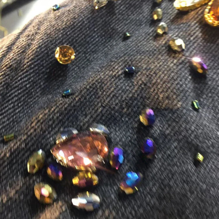 DEAT Women's Denim Coat Wash Black Beading Flowers Diamonds Patchwork Loose Long Sleeve Jackets Summer New Fashion 29L3587