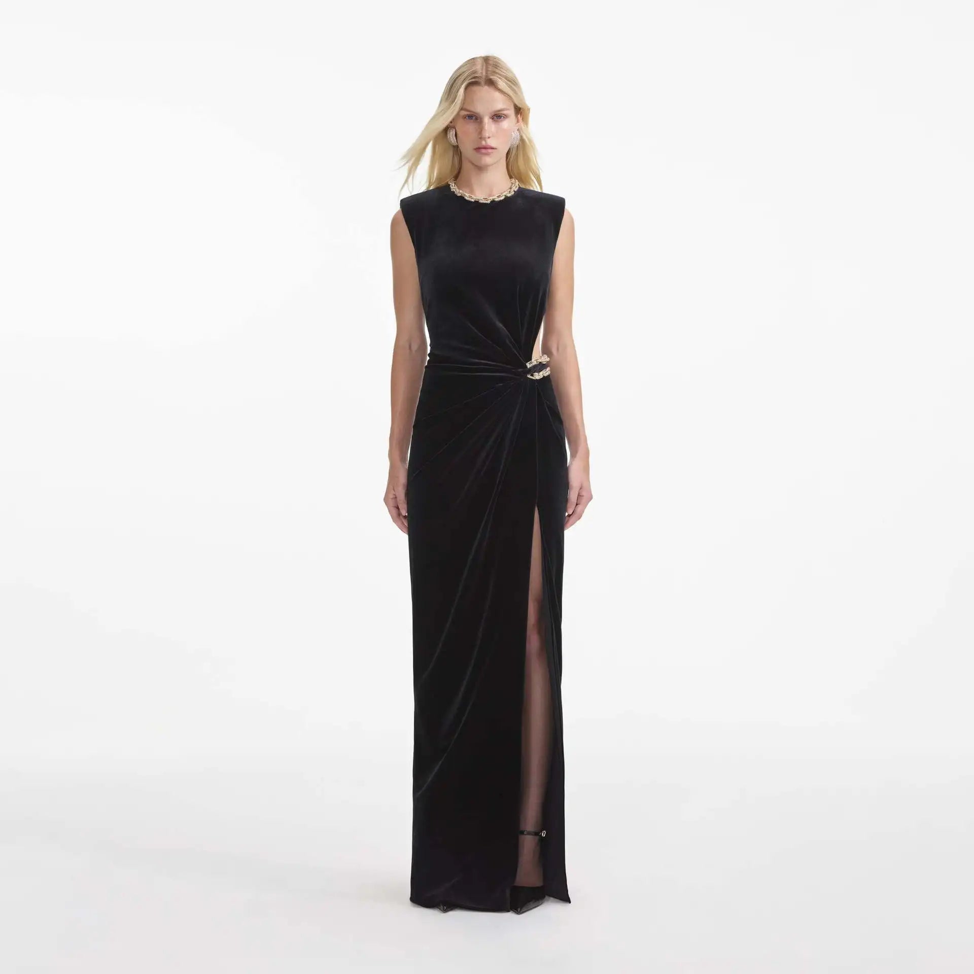 Black Color Women Sexy Sleeveless O-Neck Velvet Bodycon Long Maxi Dress Elegant Evening Party Cocktail Dress