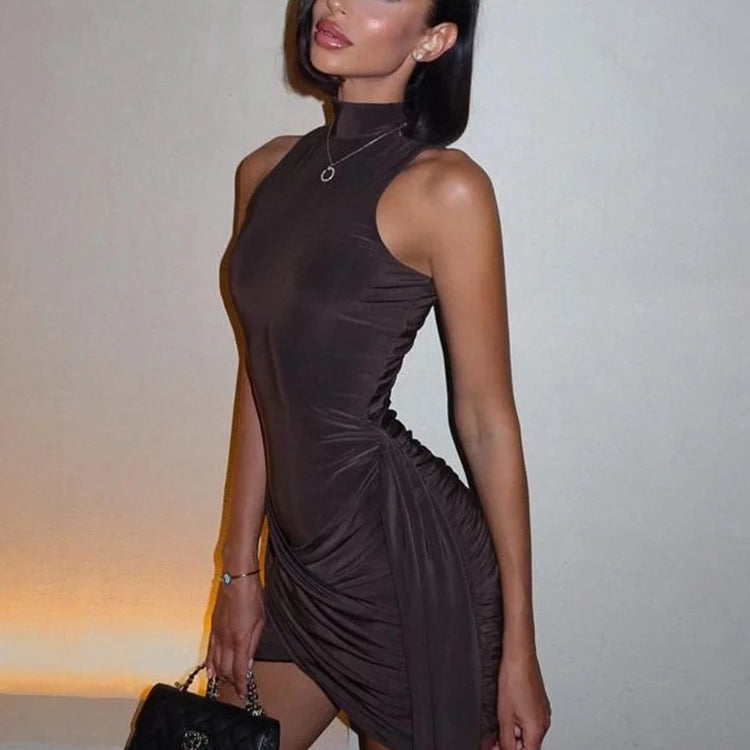 Turtleneck Sleeveless Sexy Mini Dress For Women Fashion Irregular Ruched Tank Dress Femme Elegant Club Party Dress