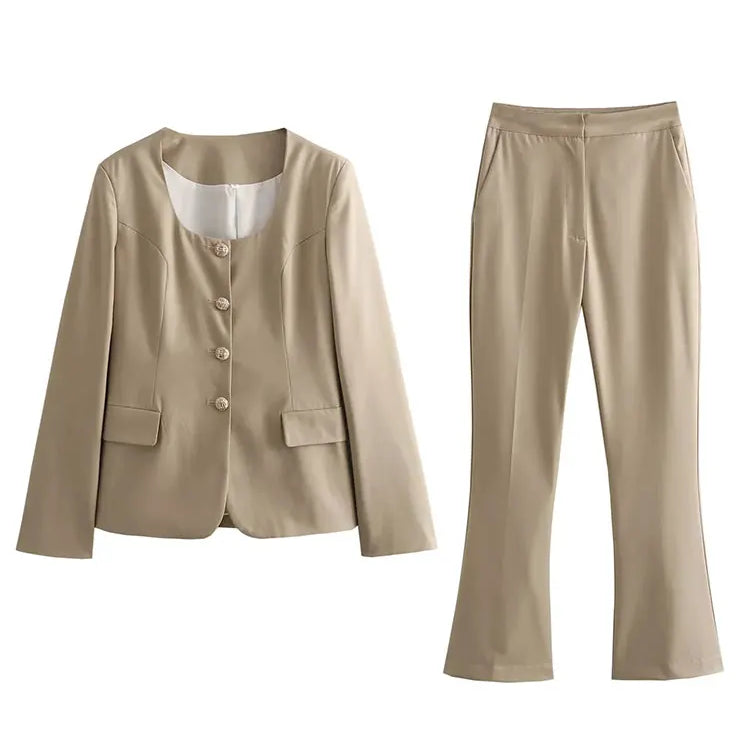 TRAF Spring Women's Khaki Office Lady Blazer Suit Single Breasted Jacket High Waist Women's Slightly Spicy Zipper Pants Set