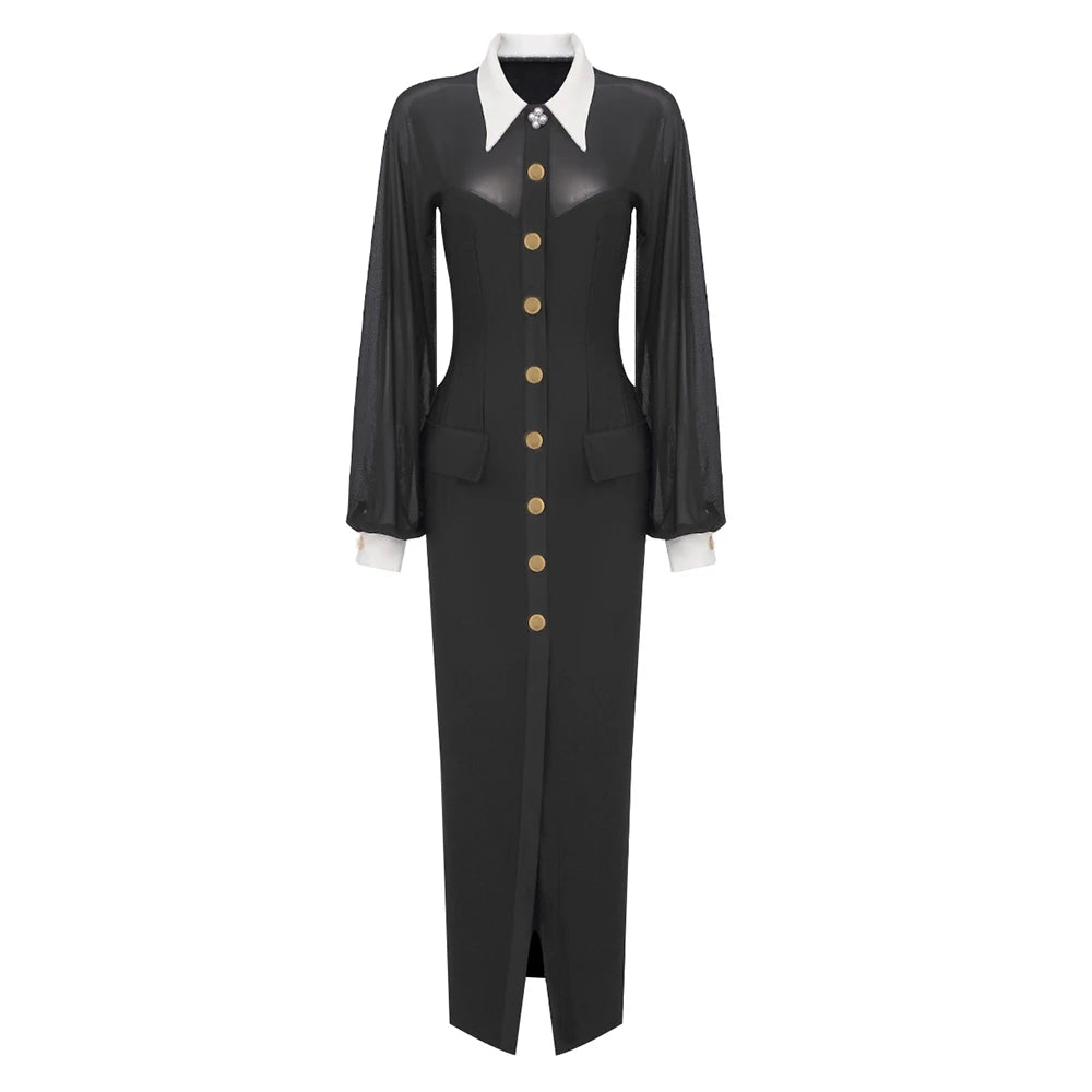 VC Women Elegant And Pretty Dress 2024 Spring Summer Fashion Party Long Sleeve Button Black Ankle Length Dresses