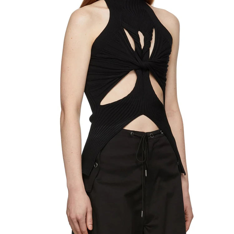 TWOTWINSTYLE Regatas de tricô vazadas e lisas para mulheres, gola alta, sem mangas, ombro de fora, coletes finos, roupas femininas da moda