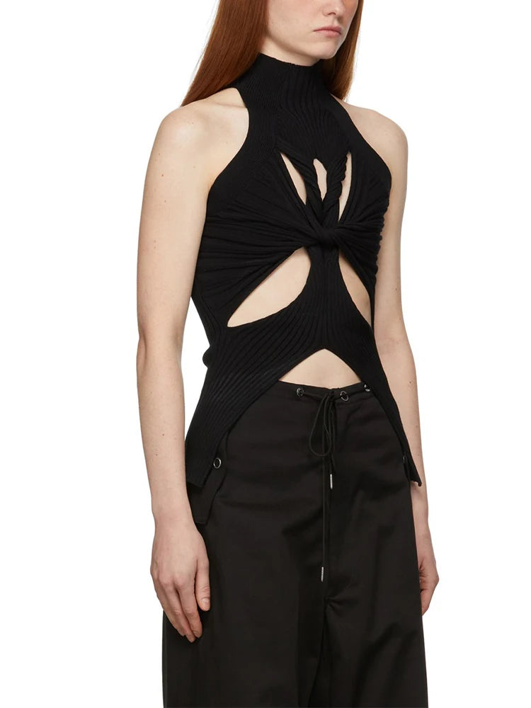 TWOTWINSTYLE Solid Hollow Out Knitting Tank Tops For Women Turtleneck Sleeveless Off Shoulder Slim Vests Female Fashion Clothing