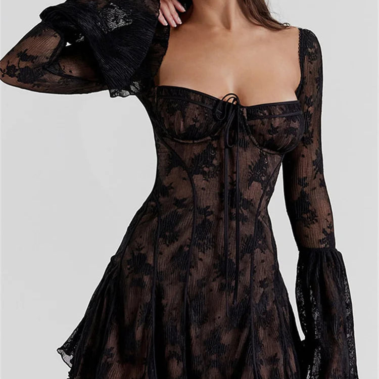 New Fashion Square Collar Long Flare Sleeve Backless Loose Club Party Dress Elegant Print Mini A-line Dress For Women Summer