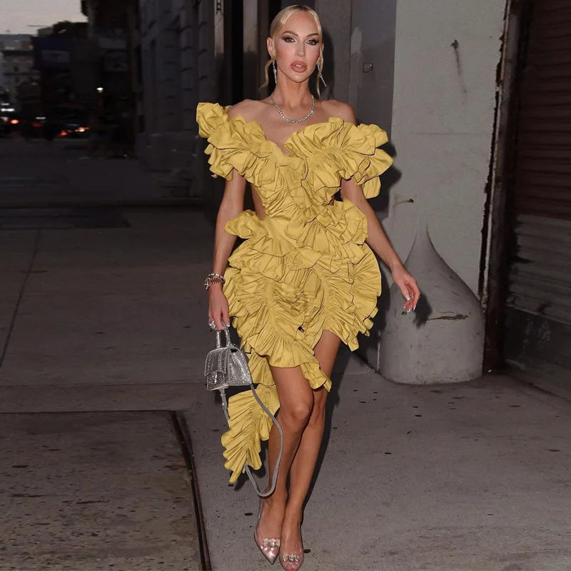 Ladies Autumn Sleeveless V-Neck Backless Sexy Birthday Party Mini Dresses For Women Ruffle New Fashion Clubwear Y2K Baddie Dress Yellow