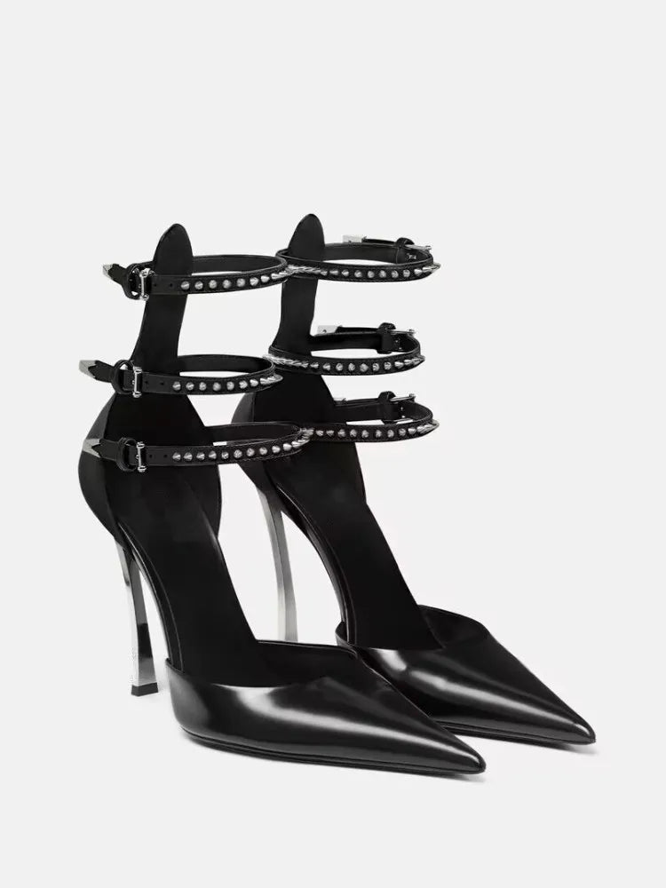 Summer High-end New Metal Stiletto Sandals Fashion Pointy Catwalk Fashion Single Shoes Sexy Nightclub Party Wedding High Heels black