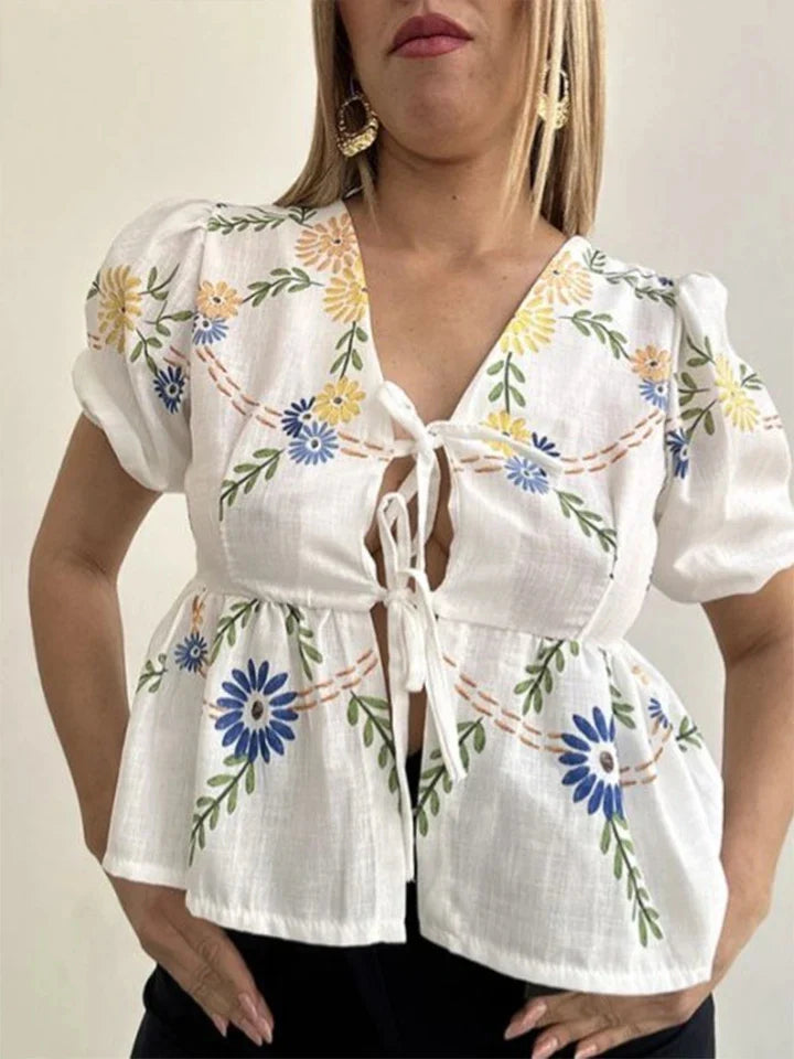 Fashion Print Bow Lace Up Women Blouses Loose V-neck Short Puff Sleeve Female Shirts Spring Summer Casual Lady Flower Tops