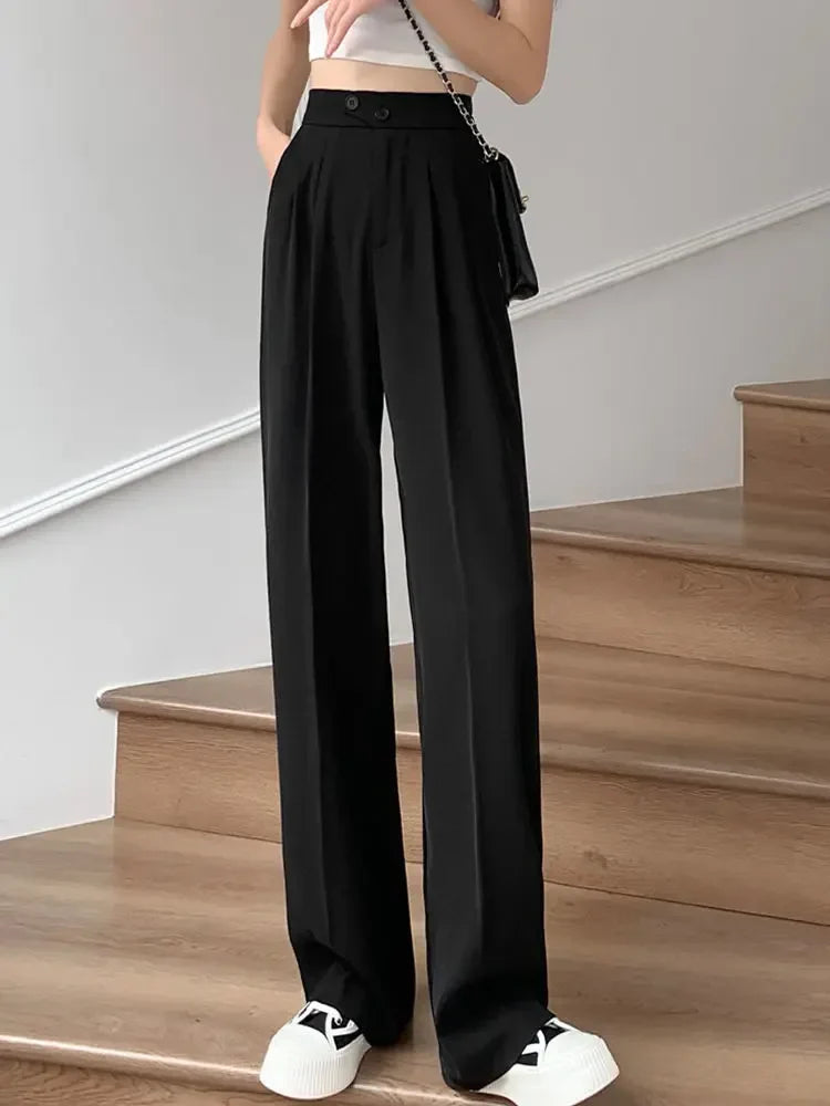 New UZZDSS Loose Flowing Pleated Trousers Black