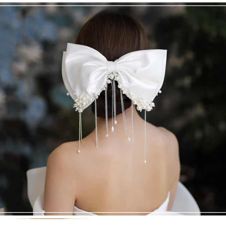 New white bow Beaded Bridal hair decoration wedding brides clips hairpin hair accessories