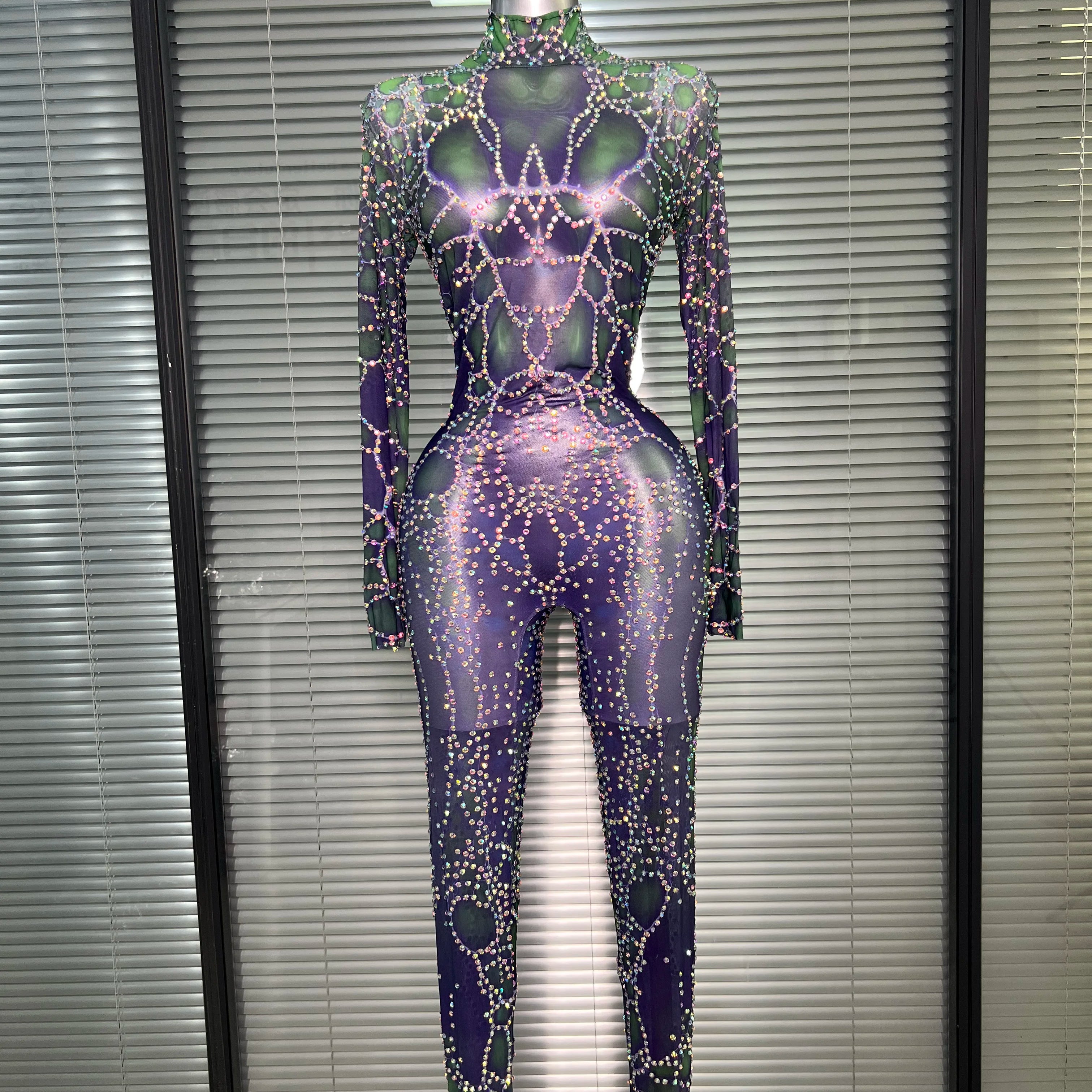 Women Sexy Crystal Sheer Printed Bodycon Jumpsuit Celebrity Designer Dancer See Through Night Club Rompers