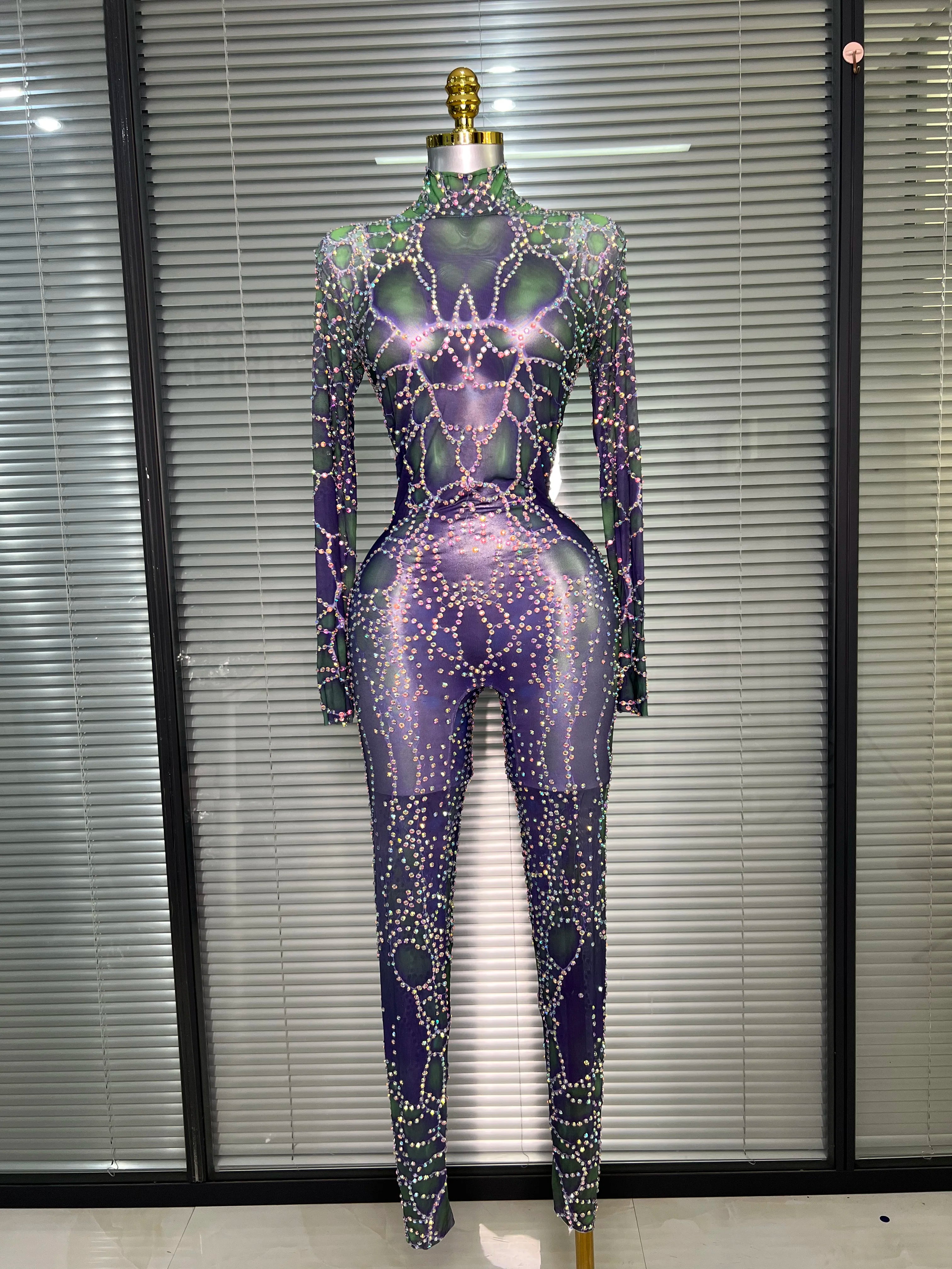 Women Sexy Crystal Sheer Printed Bodycon Jumpsuit Celebrity Designer Dancer See Through Night Club Rompers