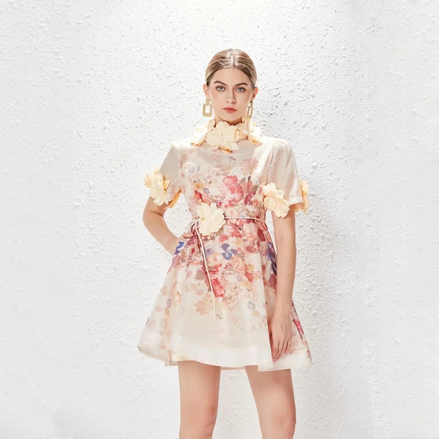 Holiday dress Spring Summer Printed Standing Collar Vestido Midi Vintage Para High End Holiday Dress Lace Women Apricot Short