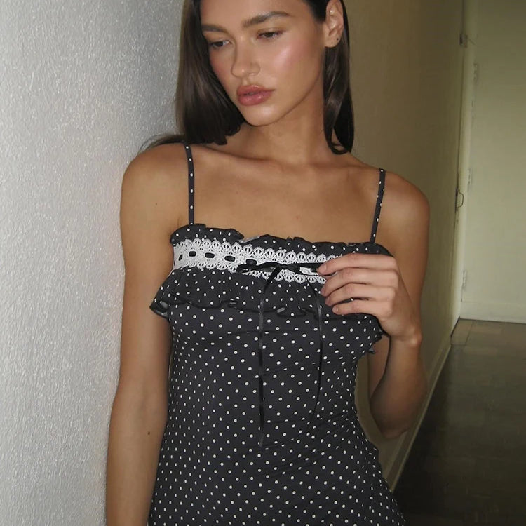 Spaghetti Strap Polka Dot Mini Dress For Women Robe Contrast Color Off-shoulder Sleeveless Backless Club Party Dress