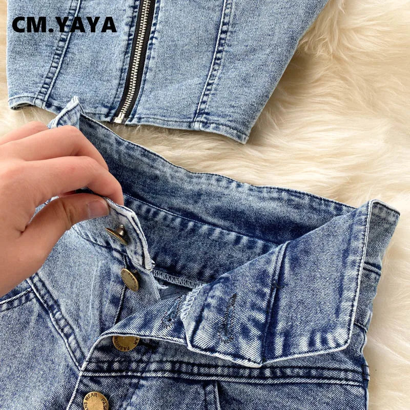 CM.YAYA Women Denim Sets Sleeveless Strap Crop Top and Long Skirts Suits 2024 Summer Jeans Streetwear Two 2 Piece Sets Outfits