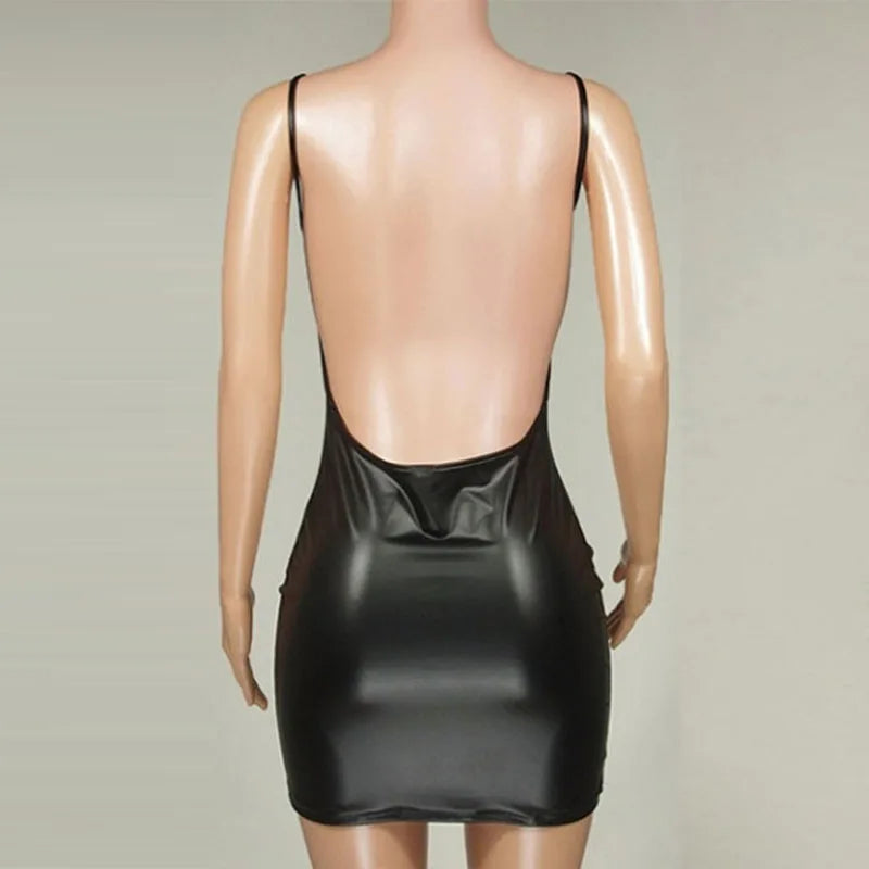 Women's Halter Faux Leather Suspender Backless Slim Sling Dress Fashion Solid Color Sexual Lifted Buttocks Ladies Mini Dress