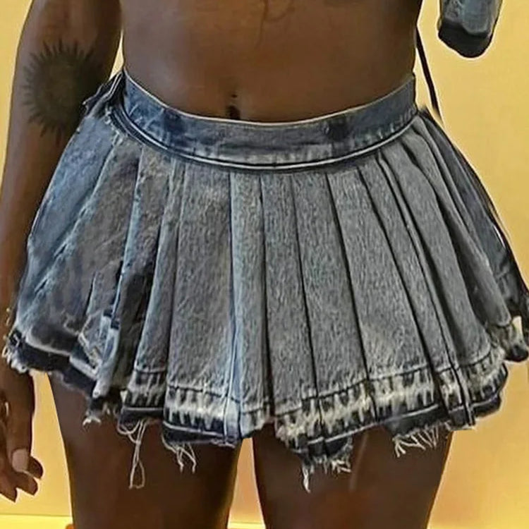 Weird Puss Pleated Denim Skirts Women Summer Trend Vintage Y2K Fashion Wild Streetwear Casual Hipster A-Line Skirt Bottoms Blue