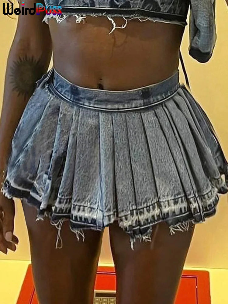 Weird Puss Pleated Denim Skirts Women Summer Trend Vintage Y2K Fashion Wild Streetwear Casual Hipster A-Line Skirt Bottoms Blue