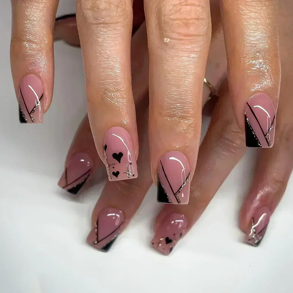 24 peças unhas postiças quadradas curtas médias brilhantes arte de unha branca usável unha postiça prateada francesa cobertura total pressione pontas de unhas